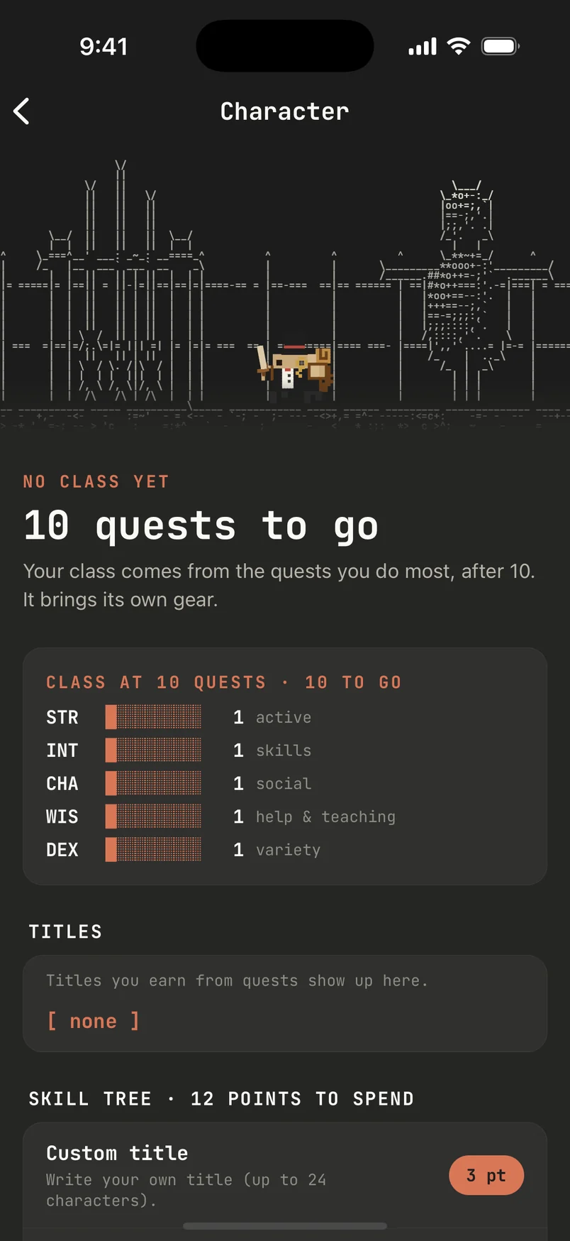 The character screen: class progress, stats, titles and the skill tree