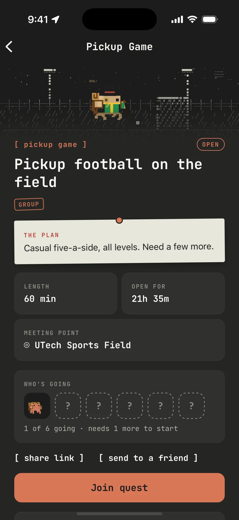 A pickup football quest: the plan, length, meeting point and who's going